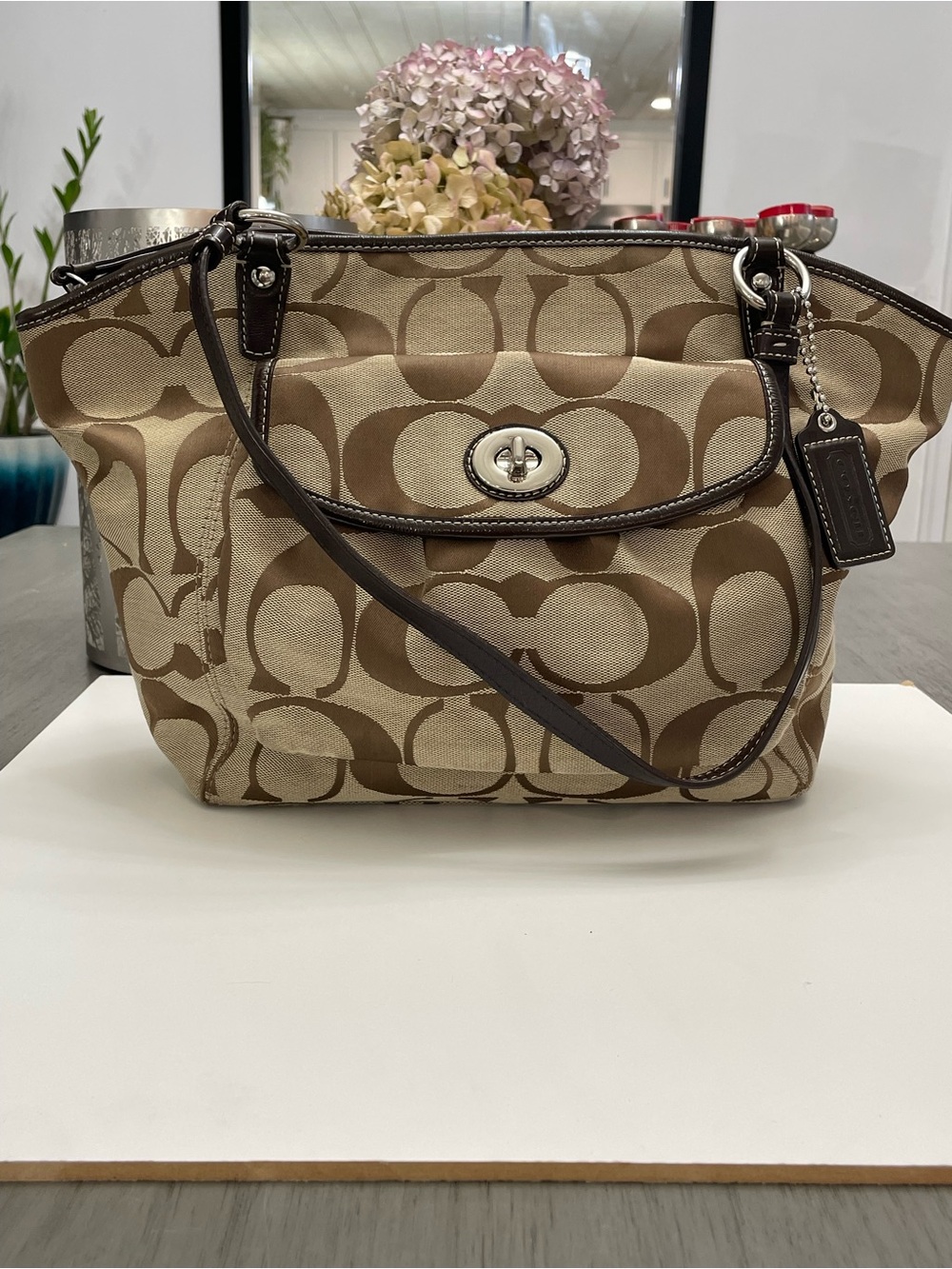 Coach Signature Turnlock Canvas Tote Bag Brown Leather Trim - Picture 1 of 10